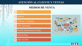 ATENCIÓN AL CLIENTE Y VENTAS
15
MEDIOS DE VENTA
Correo
Directo
Folletos y Catálogos
Tele marketing
Ventas electrónicas en línea
Face to Face
Door to door
 