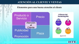 ATENCIÓN AL CLIENTE Y VENTAS
7
Elementos para una buena atención al cliente
Producto o
Servicio
Precio
Publicidad
–
Promoción
Plaza
Atención
al
Cliente
 