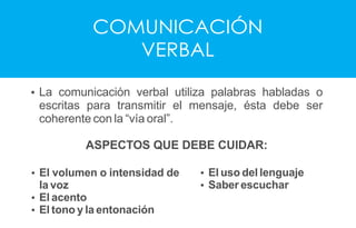 COMUNICACIÓN
VERBAL
Ÿ La comunicación verbal utiliza palabras habladas o
escritas para transmitir el mensaje, ésta debe ser
coherente con la “vía oral”.
ASPECTOS QUE DEBE CUIDAR:
Ÿ El volumen o intensidad de
la voz
Ÿ El acento
Ÿ El tono y la entonación
Ÿ El uso del lenguaje
Ÿ Saber escuchar
 