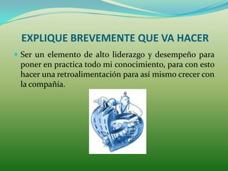 EXPLIQUE BREVEMENTE QUE VA HACER
 Ser un elemento de alto liderazgo y desempeño para
 poner en practica todo mi conocimiento, para con esto
 hacer una retroalimentación para así mismo crecer con
 la compañía.
 
