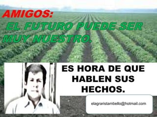 AMIGOS:
ES HORA DE QUE
HABLEN SUS
HECHOS.
elagraristambello@hotmail.com
 