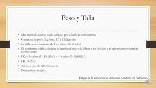 Peso y Talla
• Mas musculo menos tejido adiposo por efecto de testosterona
• Ganancia de peso: 2kg/año, 5.7 a 13.2kg/año
• La talla tienen duración de 2 a 3 años (12-15 años)
• El perímetro cefálico alcanza su amplitud mayor de 55cm a los 16 años y el crecimiento posteriori
es muy lento
• FC: <14 años 55-115 (85x´) y >14 años 65-105 (82x´).
• FR: 16-20x´
• TA menores de 120/80mmHg
• Dentición concluida
Etapas de la adolescencia, American Academy of Pedriatrics
 