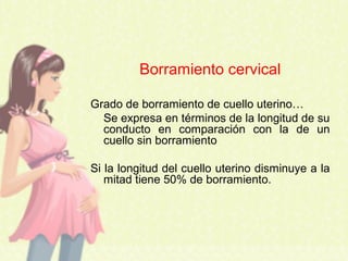 Borramiento cervical
Grado de borramiento de cuello uterino…
Se expresa en términos de la longitud de su
conducto en comparación con la de un
cuello sin borramiento
Si la longitud del cuello uterino disminuye a la
mitad tiene 50% de borramiento.
 