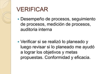 VERIFICARDesempeño de procesos, seguimiento de procesos, medición de procesos, auditoria internaVerificar si se realizó lo planeado y luego revisar si lo planeado me ayudó a lograr los objetivos y metas propuestas. Conformidad y eficacia.