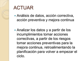 ACTUARAnálisis de datos, acción correctiva, acción preventiva y mejora continuaAnalizar los datos y a partir de los incumplimientos tomar acciones correctivas, a partir de los riesgos tomar acciones preventivas para la mejora continua, retroalimentando la planificación para volver a empezar el ciclo.
