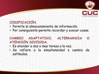 CODIFICACIÓN.
• Permite el almacenamiento de información.
• Por consiguiente permite recordar y evocar cosas.

CAMBIO ADAPTATIVO, ALTERNANCIA O
ATENCIÓN DIVIDIDA.
• Es atender a dos o mas tareas a la vez.
• Se refiere a la simultaneidad o cambio de
  estímulos.
 
