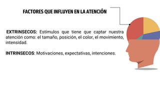 FACTORES QUE INFLUYEN EN LA ATENCIÓN
EXTRINSECOS: Estímulos que tiene que captar nuestra
atención como: el tamaño, posición, el color, el movimiento,
intensidad.
INTRINSECOS: Motivaciones, expectativas, intenciones.
 
