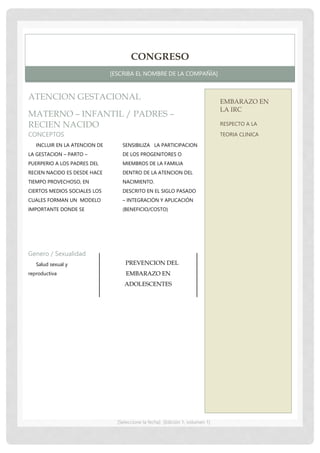 [Seleccione la fecha] [Edición 1, volumen 1]
ATENCION GESTACIONAL
MATERNO – INFANTIL / PADRES –
RECIEN NACIDO
CONCEPTOS
INCLUIR EN LA ATENCION DE
LA GESTACION – PARTO –
PUERPERIO A LOS PADRES DEL
RECIEN NACIDO ES DESDE HACE
TIEMPO PROVECHOSO, EN
CIERTOS MEDIOS SOCIALES LOS
CUALES FORMAN UN MODELO
IMPORTANTE DONDE SE
SENSIBILIZA LA PARTICIPACION
DE LOS PROGENITORES O
MIEMBROS DE LA FAMILIA
DENTRO DE LA ATENCION DEL
NACIMIENTO.
DESCRITO EN EL SIGLO PASADO
– INTEGRACIÓN Y APLICACIÓN
(BENEFICIO/COSTO)
Genero / Sexualidad
Salud sexual y
reproductiva
[ESCRIBA EL NOMBRE DE LA COMPAÑÍA]
CONGRESO
EMBARAZO EN
LA IRC
RESPECTO A LA
TEORIA CLINICA
PREVENCION DEL
EMBARAZO EN
ADOLESCENTES
 