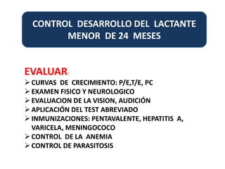 CONTROL DESARROLLO DEL LACTANTE 
MENOR DE 24 MESES 
EVALUAR: 
CURVAS DE CRECIMIENTO: P/E,T/E, PC 
EXAMEN FISICO Y NEUROLOGICO 
 EVALUACION DE LA VISION, AUDICIÓN 
 APLICACIÓN DEL TEST ABREVIADO 
 INMUNIZACIONES: PENTAVALENTE, HEPATITIS A, 
VARICELA, MENINGOCOCO 
 CONTROL DE LA ANEMIA 
 CONTROL DE PARASITOSIS 
 