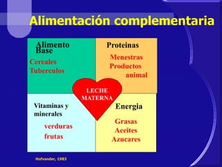 Alimentación complementaria 
Cereales 
Tuberculos 
Menestras 
Productos 
animal 
Grasas 
Aceites 
Azucares 
Alimento 
Base 
Proteinas 
Vitaminas y Energia 
minerales 
verduras 
frutas 
LECHE 
MATERNA 
Hofvander, 1983 
 
