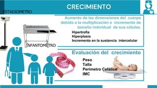 CRECIMIENTO
Aumento de las dimensiones del cuerpo
debido a la multiplicación e incremento de
tamaño individual de sus células.
Hipertrofia
Hiperplasia
Incremento en la sustancia intercelular
Evaluación del crecimiento
Peso
Talla
Perímetro Cefálico
IMC
ESTADIOMETRO
INFANTOMETRO
 