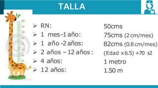 TALLA
 RN:
 1 mes-1año:
 1 año -2años:
 2 años –12 años:
 4 años:
 12 años:
50cms
75cms (2cm/mes)
82cms (0.8cm/mes)
(Edad x6.5) +70 ±2
1 metro
1.50 m
 
