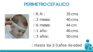 PERIMETROCEFALICO
R.N :
3 meses:
6 meses:
1 año:
3 años:
35 cms
40 cms
44 cm
46 cms
50 cms
Hasta los 2-3 años de edad
 