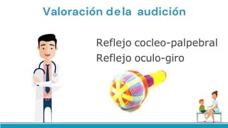 Valoración dela audición
Reflejo cocleo-palpebral
Reflejo oculo-giro
 