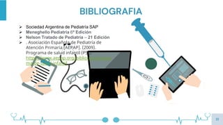 31
 Sociedad Argentina de Pediatría SAP
 Meneghello Pediatría 6ª Edición
 Nelson Tratado de Pediatría – 21 Edición
 . Asociación Española de Pediatría de
Atención Primaria [AEPAP]. (2009).
Programa de salud infantil (PSI).
https://www.aepap.org/biblioteca/progra
ma-de-salud-infantil
BIBLIOGRAFIA
 