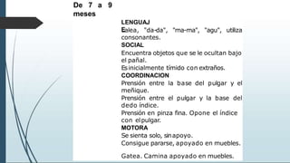De 7 a 9
meses
LENGUAJ
E "ma-ma", "agu", utiliza
Lalea, "da-da",
consonantes.
SOCIAL
Encuentra objetos que se le ocultan bajo
el pañal.
Esinicialmente tímido con extraños.
COORDINACION
Prensión entre la base del pulgar y el
meñique.
Prensión entre el pulgar y la base del
dedo índice.
Prensión en pinza fina. Opone el índice
con elpulgar.
MOTORA
Se sienta solo, sinapoyo.
Consigue pararse, apoyado en muebles.
Gatea. Camina apoyado en muebles.
 