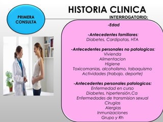HISTORIA CLINICA
INTERROGATORIO:
-Edad
-Antecedentes familiares:
Diabetes, Cardipatas, HTA
-Antecedentes personales no patologicos:
Vivienda
Alimentacion
Higiene
Toxicomanias, alcoholismo, tabaquismo
Actividades (trabajo, deporte)
-Antecedentes personales patologicos:
Enfermedad en curso
Diabetes, hipertensión,Ca
Enfermedades de transmision sexual
Cirugías
Alergias
Inmunizaciones
Grupo y Rh
PRIMERA
CONSULTA
 