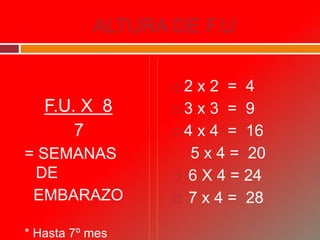 ALTURA DE F.U
F.U. X 8
7
= SEMANAS
DE
EMBARAZO
* Hasta 7º mes
 2 x 2 = 4
 3 x 3 = 9
 4 x 4 = 16
5 x 4 = 20
 6 X 4 = 24
 7 x 4 = 28
 