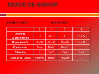 INDICE DE BISHOP
0 1 2 3
Altura de
La presentación
-3 -2 a –1 0 +1 a +2
Borramiento % 0 – 30 40 – 50 60 – 70 > ó = 70
Consistencia Firme Media Blanda ...
Dilatación 0 1 – 2 3 – 4 5 – 6
Posición del Cuello Posterior Media Anterior ...
EXÁMEN CLÍNICO PUNTUACIÓN
 