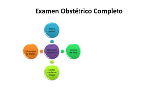 Examen Obstétrico Completo
Valoración
obstétrica
Altura
uterina
Número
de fetos
Latidos
cardiacos
fetales
Movimient
os fetales.
 