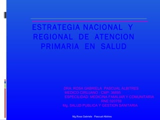 ESTRATEGIA NACIONAL Y
REGIONAL DE ATENCION
PRIMARIA EN SALUD

DRA: ROSA GABRIELA PASCUAL ALBITRES
MEDICO CIRUJANO : CMP: 36695
ESPECILIDAD: MEDICINA FAMILIAR Y COMUNITARIA
RNE:020759
Mg. SALUD PUBLICA Y GESTION SANITARIA
Mg.Rosa Gabriela Pascual Albitres

 