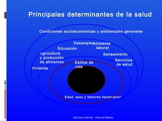 Principales determinantes de la salud
Condiciones socioeconómicas y ambientales generales
Desempleo
Ambiente
laboral
Educación
Agricultura
Saneamiento
y producción
Servicios
de alimentos
Estilos de
de salud
vida
Vivienda

Edad, sexo y factores hereditarios

Mg.Rosa Gabriela Pascual Albitres

 