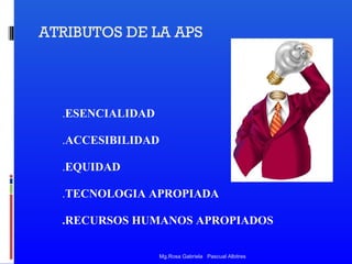 ATRIBUTOS DE LA APS

.ESENCIALIDAD
.ACCESIBILIDAD
.EQUIDAD
.TECNOLOGIA APROPIADA
.RECURSOS HUMANOS APROPIADOS
Mg.Rosa Gabriela Pascual Albitres

 