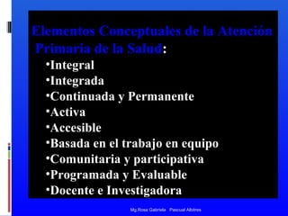 Elementos Conceptuales de la Atención
Primaria de la Salud:
•Integral
•Integrada
•Continuada y Permanente
•Activa
•Accesible
•Basada en el trabajo en equipo
•Comunitaria y participativa
•Programada y Evaluable
•Docente e Investigadora
Mg.Rosa Gabriela Pascual Albitres

 