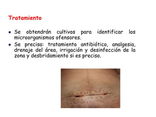 Tratamiento
 Se obtendrán cultivos para identificar los
microorganismos ofensores.
 Se precisa: tratamiento antibiótico, analgesia,
drenaje del área, irrigación y desinfección de la
zona y desbridamiento si es preciso.
 