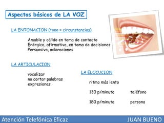 Aspectos básicos de LA VOZ
LA ENTONACION (tono = circunstancias)
Amable y cálido en toma de contacto
Enérgico, afirmativo, en toma de decisiones
Persuasivo, aclaraciones
LA ARTICULACION

vocalizar
no cortar palabras
expresiones

LA ELOCUCION
ritmo más lento
130 p/minuto
180 p/minuto

Atención Telefónica Eficaz

teléfono
persona

JUAN BUENO

 