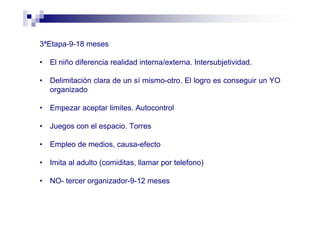 3ªEtapa-9-18 meses
• El niño diferencia realidad interna/externa. Intersubjetividad.
• Delimitación clara de un sí mismo-otro. El logro es conseguir un YO
organizado
• Empezar aceptar limites. Autocontrol
• Juegos con el espacio. Torres
• Empleo de medios, causa-efecto
• Imita al adulto (comiditas, llamar por telefono)
• NO- tercer organizador-9-12 meses
 