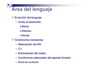 Área del lenguaje
EvoluciEvolucióón del lenguajen del lenguaje
•• Unido al desarrollo:Unido al desarrollo:
MotrizMotriz
AfectivoAfectivo
SocialSocial
Condiciones necesariasCondiciones necesarias
•• MaduraciMaduracióón del SNn del SN
•• C.I.C.I.
•• EstimulaciEstimulacióón del medion del medio
•• Condiciones adecuadas del aparato fonadorCondiciones adecuadas del aparato fonador
•• Nivel de audiciNivel de audicióónn
 