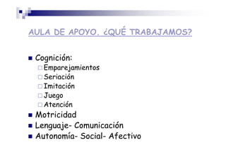 AULA DE APOYO. ¿QUÉ TRABAJAMOS?
Cognición:
Emparejamientos
Seriación
Imitación
Juego
Atención
Motricidad
Lenguaje- Comunicación
Autonomía- Social- Afectivo
 