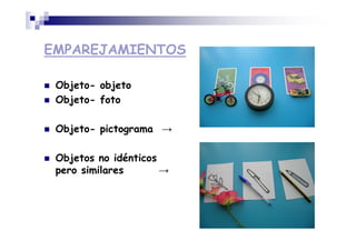 EMPAREJAMIENTOS
Objeto- objeto
Objeto- foto
Objeto- pictograma →
Objetos no idénticos
pero similares →
 
