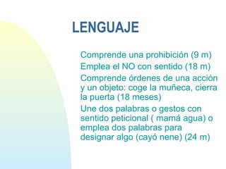 LENGUAJE
Comprende una prohibición (9 m)
Emplea el NO con sentido (18 m)
Comprende órdenes de una acción
y un objeto: coge la muñeca, cierra
la puerta (18 meses)
Une dos palabras o gestos con
sentido peticional ( mamá agua) o
emplea dos palabras para
designar algo (cayó nene) (24 m)
 