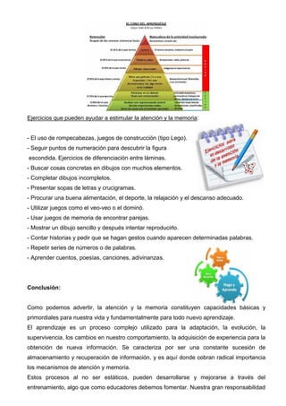 Ejercicios que pueden ayudar a estimular la atención y la memoria:
- El uso de rompecabezas, juegos de construcción (tipo Lego).
- Seguir puntos de numeración para descubrir la figura
escondida. Ejercicios de diferenciación entre láminas.
- Buscar cosas concretas en dibujos con muchos elementos.
- Completar dibujos incompletos.
- Presentar sopas de letras y crucigramas.
- Procurar una buena alimentación, el deporte, la relajación y el descanso adecuado.
- Utilizar juegos como el veo-veo o el dominó.
- Usar juegos de memoria de encontrar parejas.
- Mostrar un dibujo sencillo y después intentar reproducirlo.
- Contar historias y pedir que se hagan gestos cuando aparecen determinadas palabras.
- Repetir series de números o de palabras.
- Aprender cuentos, poesías, canciones, adivinanzas.
Conclusión:
Como podemos advertir, la atención y la memoria constituyen capacidades básicas y
primordiales para nuestra vida y fundamentalmente para todo nuevo aprendizaje.
El aprendizaje es un proceso complejo utilizado para la adaptación, la evolución, la
supervivencia, los cambios en nuestro comportamiento, la adquisición de experiencia para la
obtención de nueva información. Se caracteriza por ser una constante sucesión de
almacenamiento y recuperación de información, y es aquí donde cobran radical importancia
los mecanismos de atención y memoria.
Estos procesos al no ser estáticos, pueden desarrollarse y mejorarse a través del
entrenamiento, algo que como educadores debemos fomentar. Nuestra gran responsabilidad
 