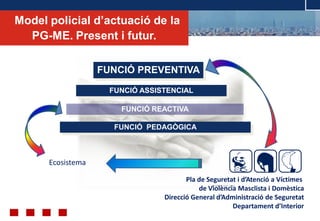 © ABAST SAD- 2011
FUNCIÓ ASSISTENCIAL
FUNCIÓ REACTIVA
FUNCIÓ PEDAGÒGICA
FUNCIÓ PREVENTIVA
Ecosistema
Pla de Seguretat i d’Atenció a Víctimes
de Violència Masclista i Domèstica
Direcció General d’Administració de Seguretat
Departament d’Interior
Model policial d’actuació de la
PG-ME. Present i futur.
 