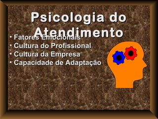 Psicologia do
        Atendimento
• Fatores Emocionais
• Cultura do Profissional
• Cultura da Empresa
• Capacidade de Adaptação
 