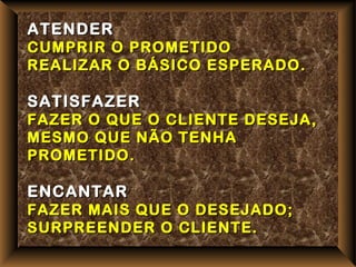 ATENDER
CUMPRIR O PROMETIDO
REALIZAR O BÁSICO ESPERADO.

SATISFAZER
FAZER O QUE O CLIENTE DESEJA,
MESMO QUE NÃO TENHA
PROMETIDO.

ENCANTAR
FAZER MAIS QUE O DESEJADO;
SURPREENDER O CLIENTE.
 