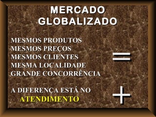 MERCADO
      GLOBALIZADO
MESMOS PRODUTOS
MESMOS PREÇOS
MESMOS CLIENTES
MESMA LOCALIDADE
GRANDE CONCORRÊNCIA
                      =
A DIFERENÇA ESTÁ NO
  ATENDIMENTO
                      +
 