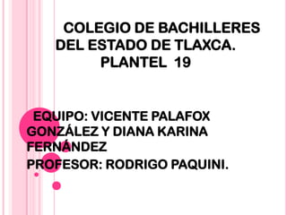COLEGIO DE BACHILLERES
   DEL ESTADO DE TLAXCA.
        PLANTEL 19


 EQUIPO: VICENTE PALAFOX
GONZÁLEZ Y DIANA KARINA
FERNÁNDEZ
PROFESOR: RODRIGO PAQUINI.
 