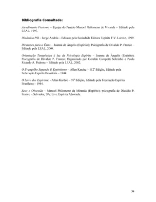 34
Bibliografia Consultada:
Atendimento Fraterno – Equipe do Projeto Manoel Philomeno de Miranda – Editado pela
LEAL, 1997.
Dinâmica PSI – Jorge Andréa – Editado pela Sociedade Editora Espírita F.V. Lorenz, 1999.
Diretrizes para o Êxito – Joanna de Ângelis (Espírito); Psicografia de Divaldo P. Franco –
Editado pela LEAL, 2004.
Orientação Terapêutica à luz da Psicologia Espírita – Joanna de Ângelis (Espírito);
Psicografia de Divaldo P. Franco; Organizado por Geraldo Campetti Sobrinho e Paulo
Ricardo A. Pedrosa – Editado pela LEAL, 2002.
O Evangelho Segundo O Espiritismo – Allan Kardec – 112a
Edição, Editado pela
Federação Espírita Brasileira – 1944.
O Livro dos Espíritos: - Allan Kardec – 76a
Edição, Editado pela Federação Espírita
Brasileira – 1944.
Sexo e Obsessão – Manoel Philomeno de Miranda (Espírito); psicografia de Divaldo P.
Franco – Salvador, BA: Livr. Espírita Alvorada.
 