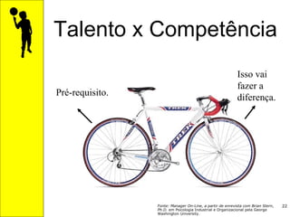 Talento x Competência Fonte: Manager On-Line, a partir de enrevista com Brian Stern ,  Ph.D.  em Psicologia Industrial e Organizacional pela George Washington University.  Isso vai fazer a diferença. Pré-requisito. 