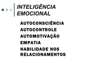 INTELIGÊNCIA
EMOCIONAL
 AUTOCONSCIÊNCIA
 AUTOCONTROLE
 AUTOMOTIVAÇÃO
 EMPATIA
 HABILIDADE NOS
 RELACIONAMENTOS
 