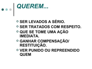 QUEREM...

 SER LEVADOS A SÉRIO.
 SER TRATADOS COM RESPEITO.
 QUE SE TOME UMA AÇÃO
  IMEDIATA.
 GANHAR COMPENSAÇÃO/
  RESTITUIÇÃO.
 VER PUNIDO OU REPREENDIDO
  QUEM
 
