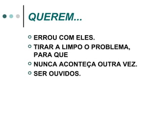 QUEREM...
 ERROU COM ELES.
 TIRAR A LIMPO O PROBLEMA,
  PARA QUE
 NUNCA ACONTEÇA OUTRA VEZ.

 SER OUVIDOS.
 