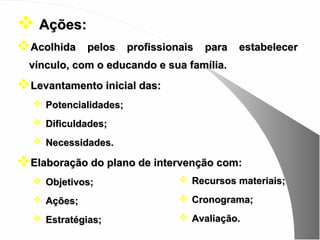  Ações:
Acolhida    pelos     profissionais   para   estabelecer
  vínculo, com o educando e sua família.
Levantamento inicial das:
   Potencialidades;
   Dificuldades;
   Necessidades.

Elaboração do plano de intervenção com:
   Objetivos;                    Recursos materiais;

   Ações;                        Cronograma;

   Estratégias;                  Avaliação.
 