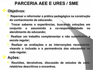 PARCERIA AEE E URES / SME
 Objetivos:
   Repensar e reformular a prática pedagógica na construção
    do conhecimento do educando;
   Trocar saberes e experiências, buscando soluções em
   conjunto e assumindo a co-responsabilidade no
   atendimento do educando;
   Realizar um trabalho complementar e não substitutivo a
   escola regular;
   Realizar as avaliações e as intervenções necessárias,
   visando a inclusão e a permanência dos educandos na
   rede regular.
 Ações:
   Reuniões, devolutivas, discussão de estudos de caso,
    relatórios descritivos e encontros.
 