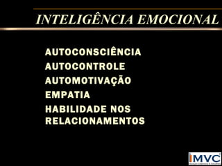 INTELIGÊNCIA EMOCIONAL
AUTOCONSCIÊNCIA
AUTOCONTROLE
AUTOMOTIVAÇÃO
EMPATIA
HABILIDADE NOS
RELACIONAMENTOS

 