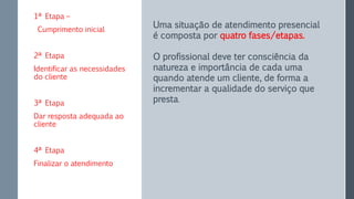 1ª Etapa –
Cumprimento inicial
2ª Etapa
Identificar as necessidades
do cliente
3ª Etapa
Dar resposta adequada ao
cliente
4ª Etapa
Finalizar o atendimento
Uma situação de atendimento presencial
é composta por quatro fases/etapas.
O profissional deve ter consciência da
natureza e importância de cada uma
quando atende um cliente, de forma a
incrementar a qualidade do serviço que
presta.
 